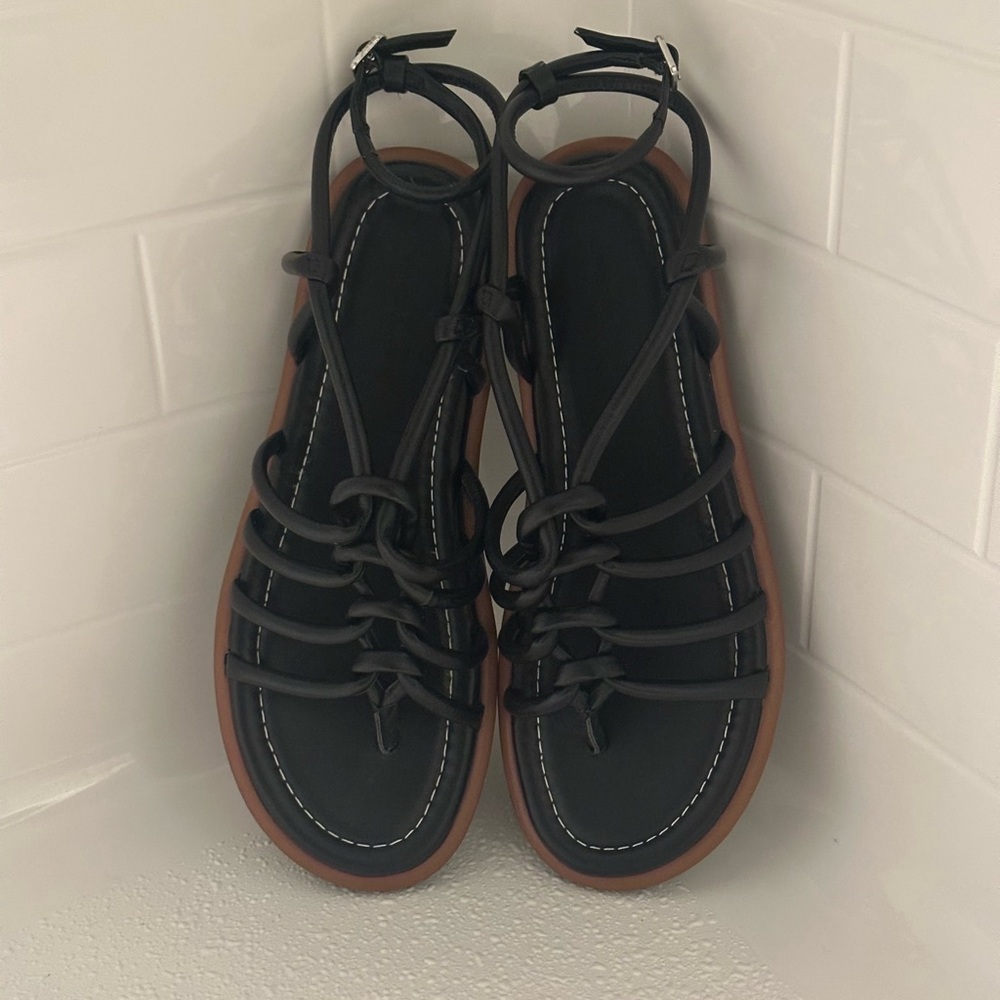Nordstrom Black Strappy Ankle-Tie Sandals with Brown Sole